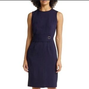 Tahari ASL Navy Sleeveless Sheath Dress with Waist Sash size 16